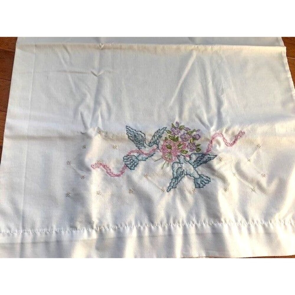 Vintage Bird & Ribbon Cross Stitch Pillowcases Set White Cotton Handmade Embroid